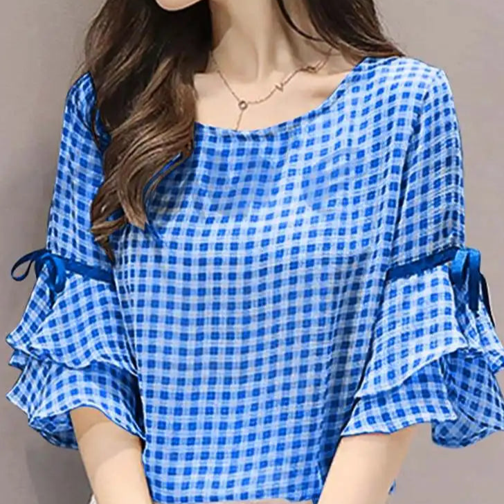 Geruite Zomerblouse Koreaanse Stijl Vrouwen Blouse Zomer