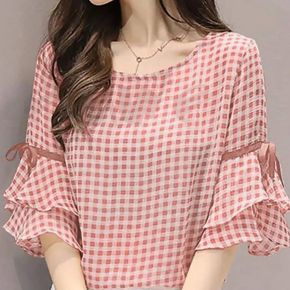 Geruite Zomerblouse Koreaanse Stijl Vrouwen Blouse Zomer