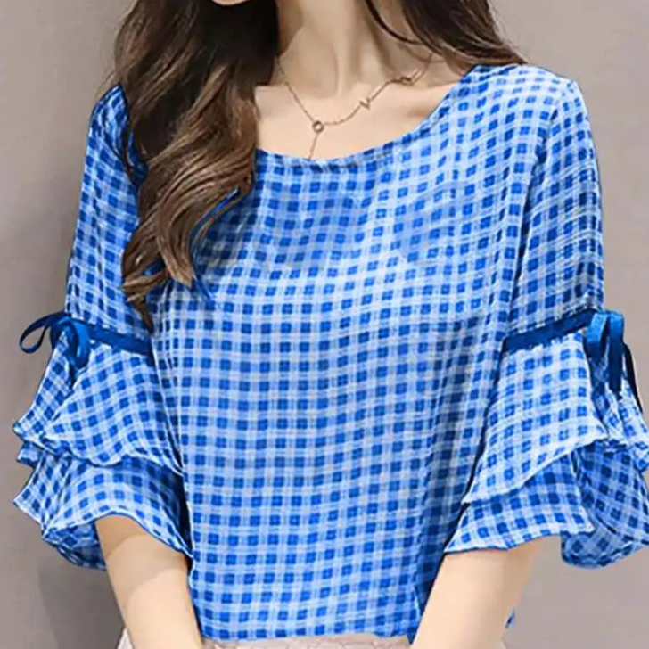 Geruite Zomerblouse Koreaanse Stijl Vrouwen Blouse Zomer
