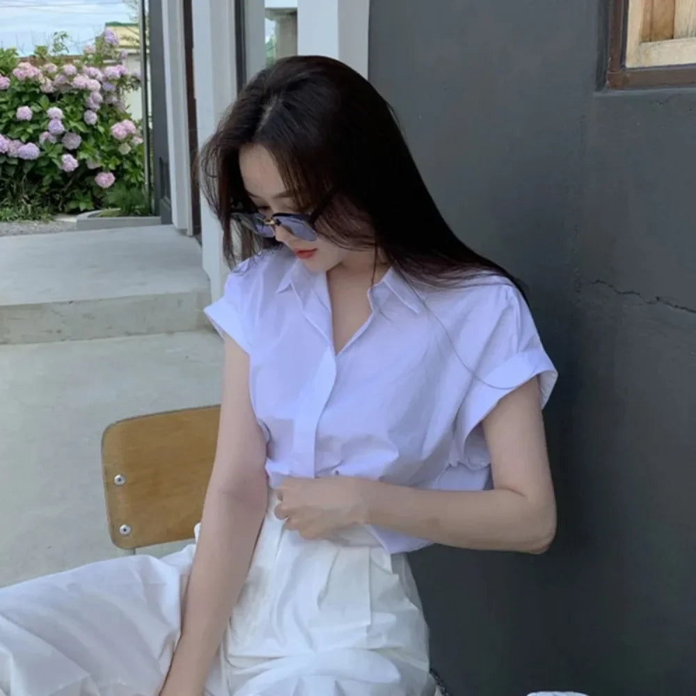 Witte Overhemd Koreaanse Stijl Zomer Breeze