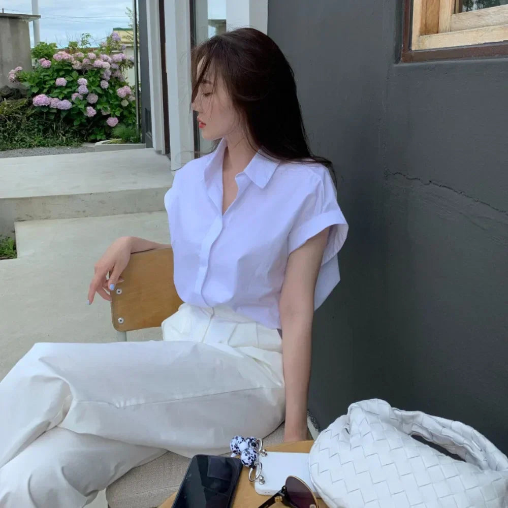 Witte Overhemd Koreaanse Stijl Zomer Breeze