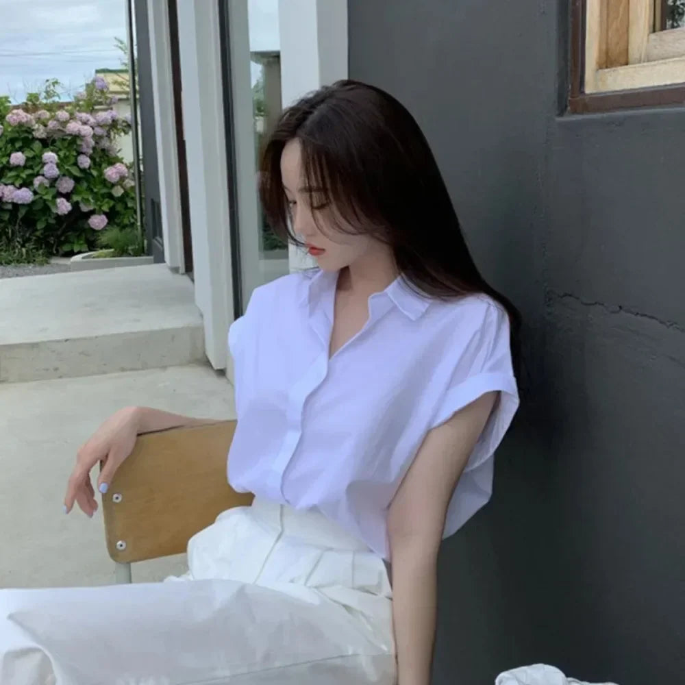 Witte Overhemd Koreaanse Stijl Zomer Breeze