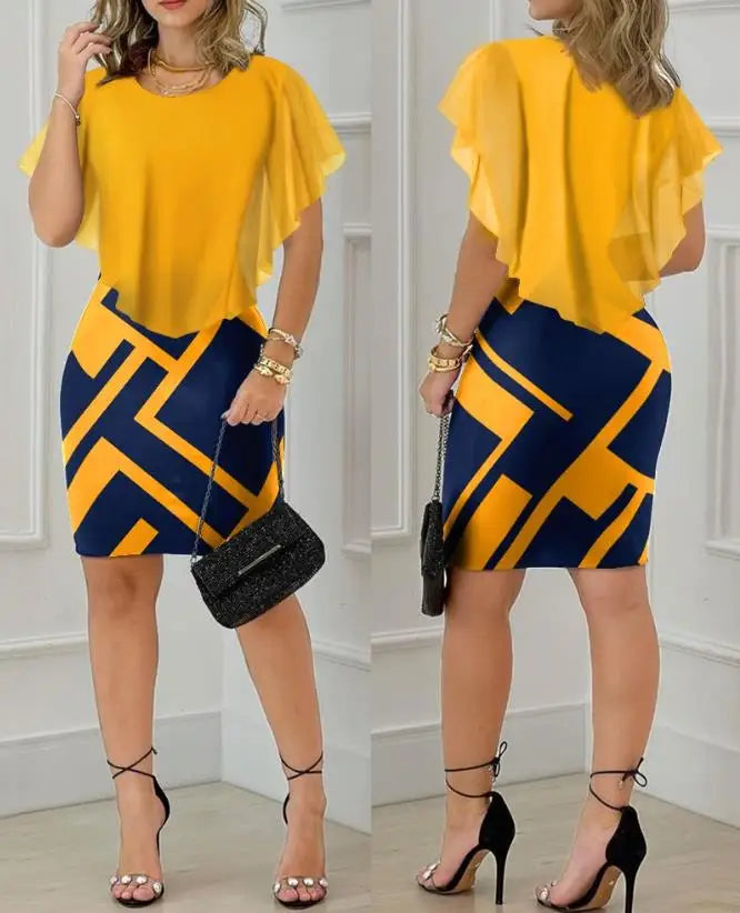 Korte Jurk met Geometrisch Print en Ruche Detail