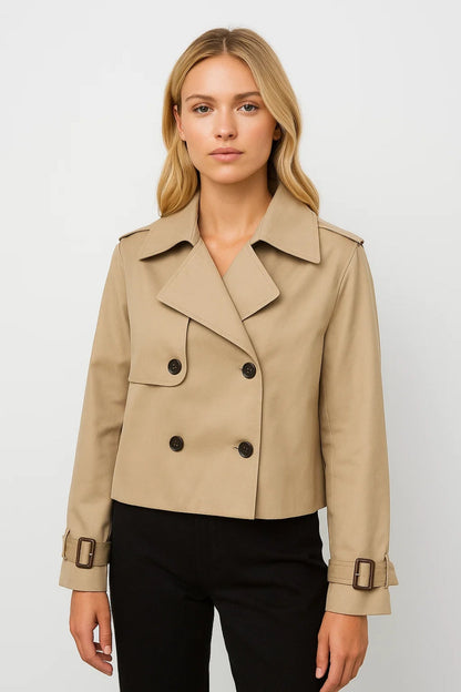 Korte Damesjas met Dubbele Knopenrij en Trench Stijl