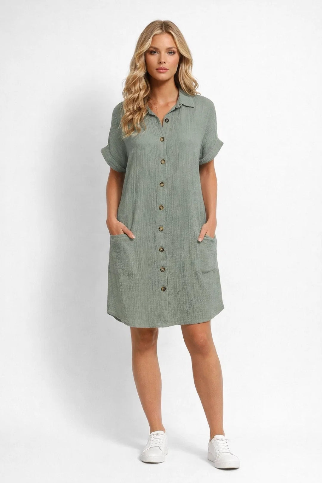 Midi Jurk Dames Korte Mouwen met Knoopsluiting