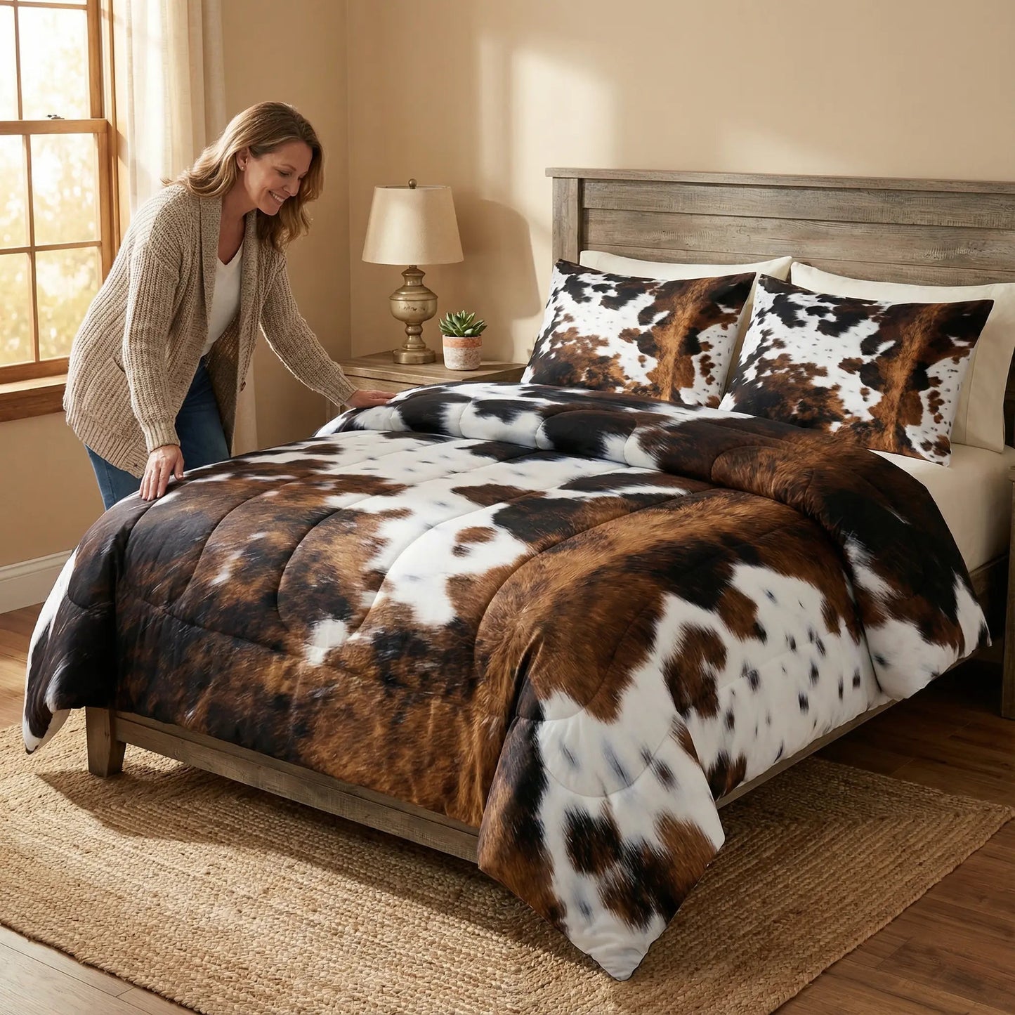 Dekbedovertrek Set met Koeienprint Western Stijl Bruin Zwart Wit Polyester 90gsm voor 1-persoons tot Kingsize Bed