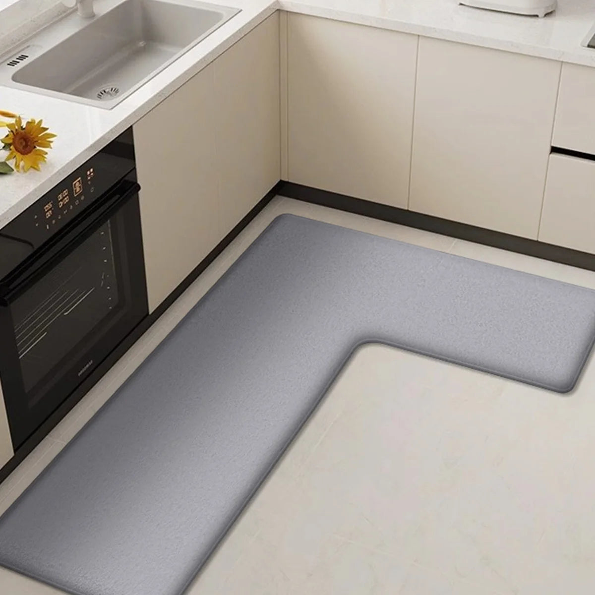 L-vormige Anti-vermoeidheidsmat voor Keuken met Antislip Zachte Flanel en Waterabsorberend Ontwerp voor Aanrecht en Spoelbak