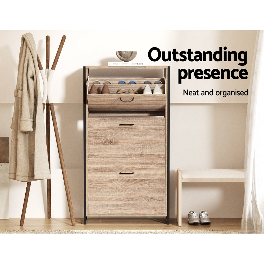 Schoenenkast met Organiser en 24 Paar Opbergcapaciteit – Houten Front en Metalen Frame