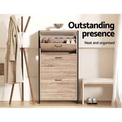 Schoenenkast met Organiser en 24 Paar Opbergcapaciteit – Houten Front en Metalen Frame
