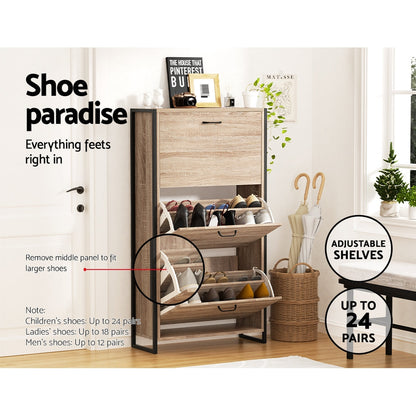 Schoenenkast met Organiser en 24 Paar Opbergcapaciteit – Houten Front en Metalen Frame