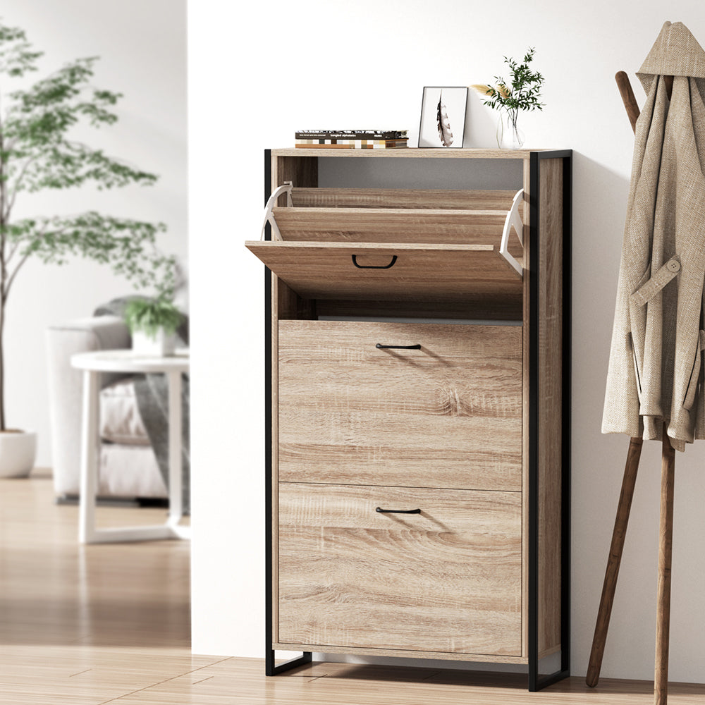 Schoenenkast met Organiser en 24 Paar Opbergcapaciteit – Houten Front en Metalen Frame