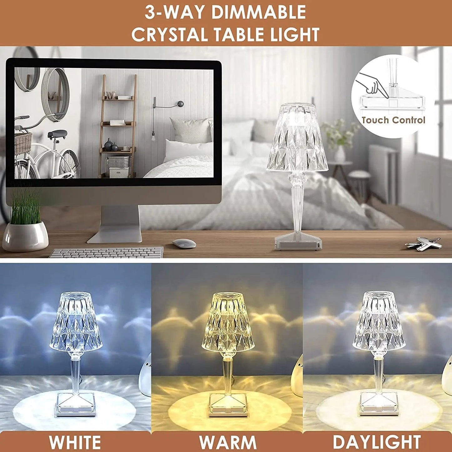 Draadloze LED Tafellamp met Kristalgeslepen Finish Transparant Oplaadbaar