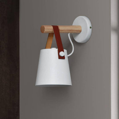 Scandinavische Houten Wandlamp Met Metalen Kap En Leren Band Moderne Design Wandverlichting Voor Slaapkamer Woonkamer Hal Met E27 Fitting