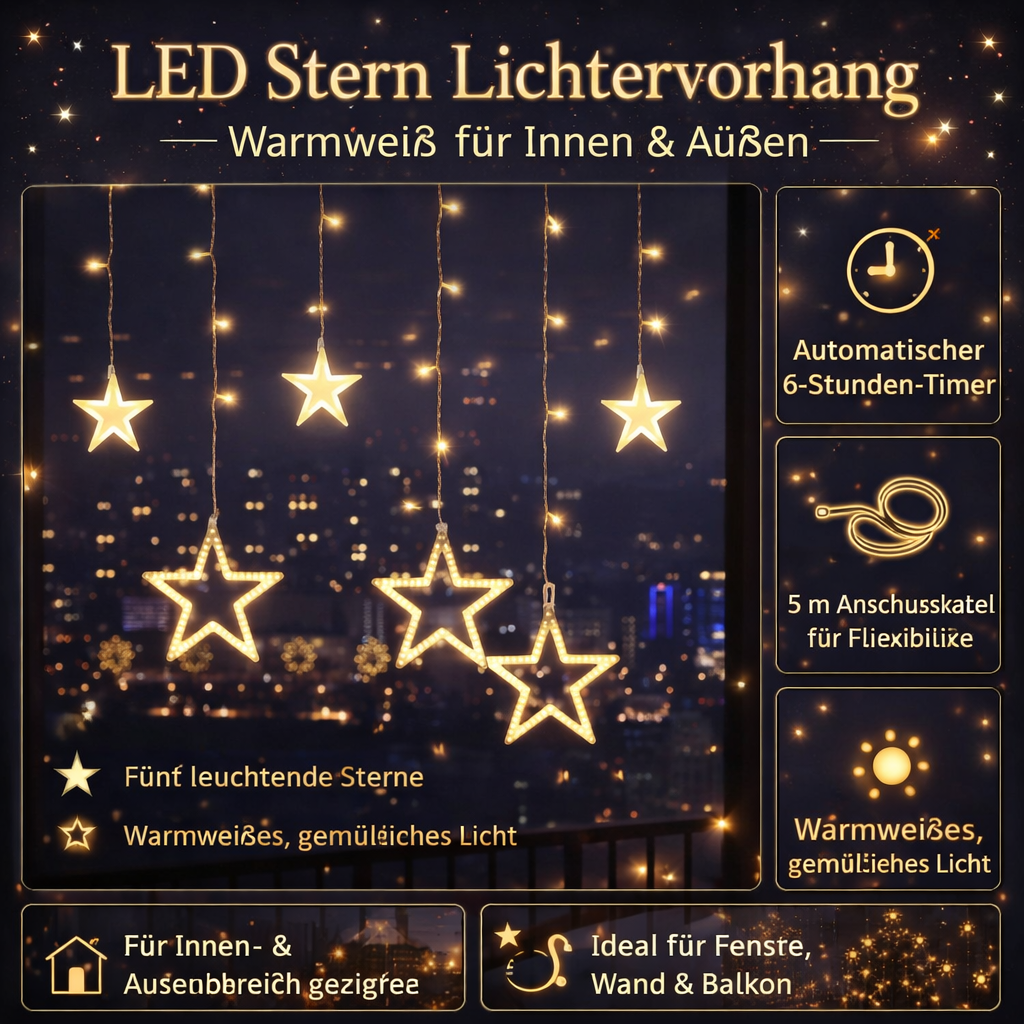 LED Sterrenverlichting Gordijn Warm Wit – 5 Verlichte Sterren met Timerfunctie voor Binnen en Buiten