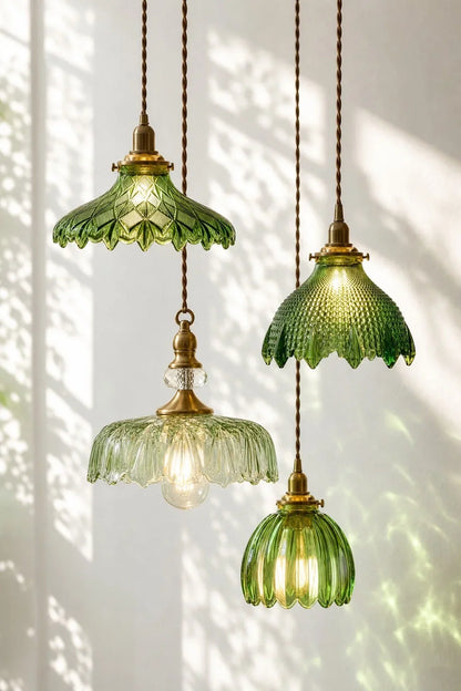 Vintage Hanglamp Glas Messing Bloemmotief Groen Zwart