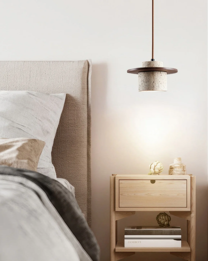 Hanglamp natuursteen travertijn met walnoot accent modern design