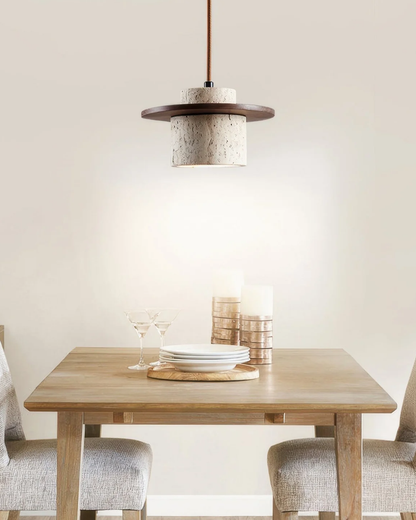 Hanglamp natuursteen travertijn met walnoot accent modern design
