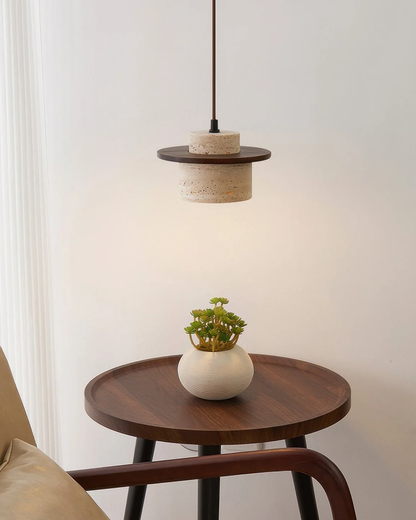 Hanglamp natuursteen travertijn met walnoot accent modern design