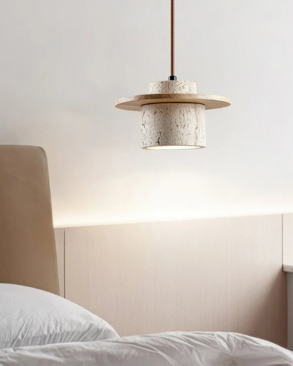 Hanglamp natuursteen travertijn met walnoot accent modern design