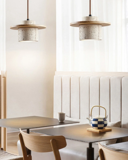 Hanglamp natuursteen travertijn met walnoot accent modern design