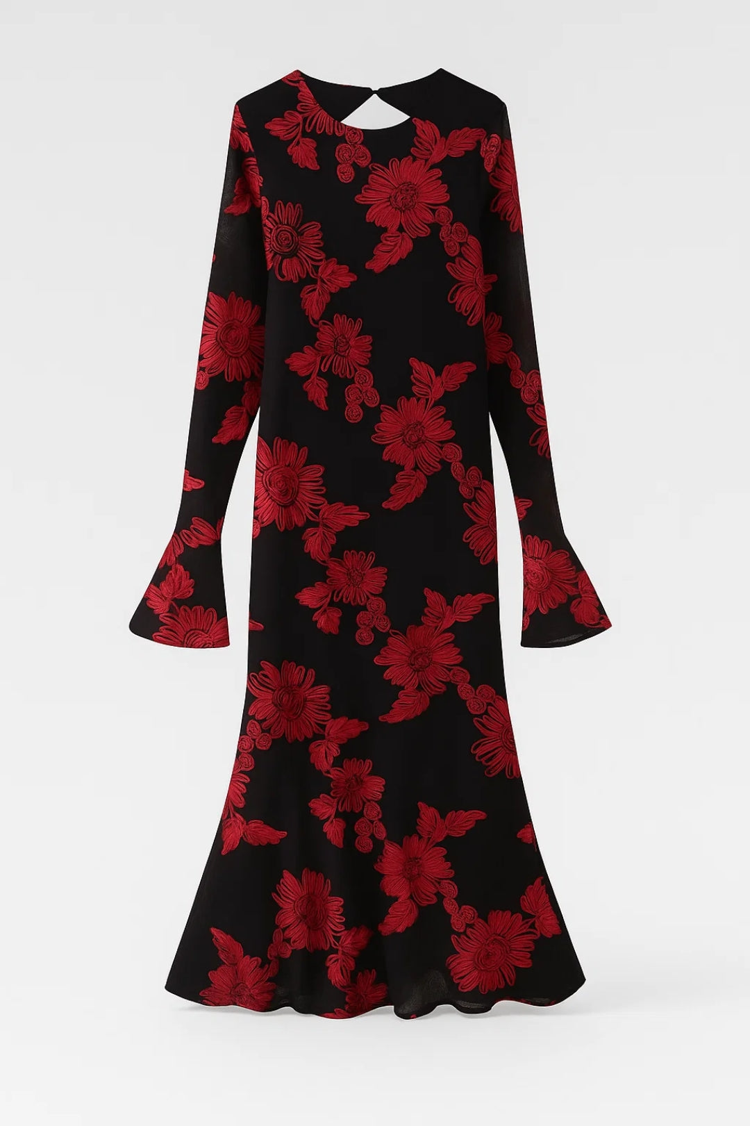 Elegante Avondjurk met Gebloemde Stof en Trompetmouwen - StudioMarella