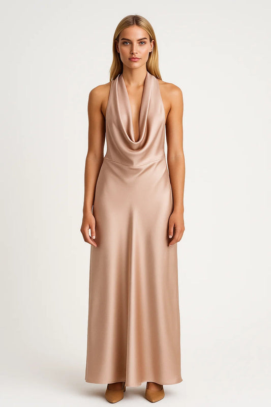 Dames Maxi Jurk Halterhals Waterval Decolleté Open Rug - StudioMarella