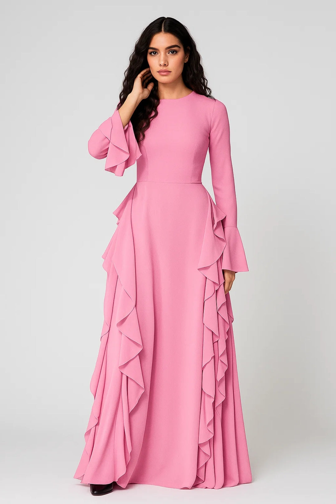 Lange Maxi Jurk Dames met Ruches en Lange Mouwen Elegant