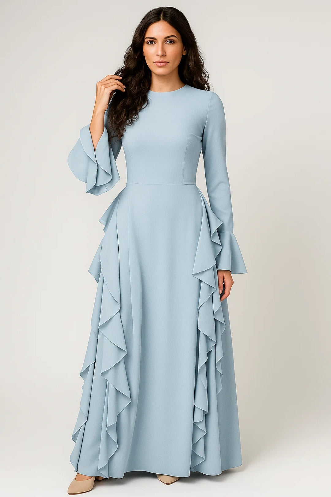 Lange Maxi Jurk Dames met Ruches en Lange Mouwen Elegant