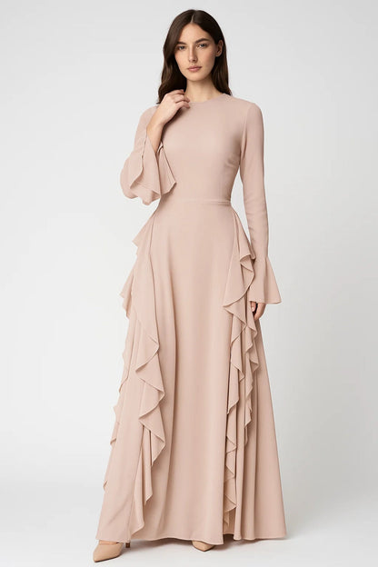 Lange Maxi Jurk Dames met Ruches en Lange Mouwen Elegant