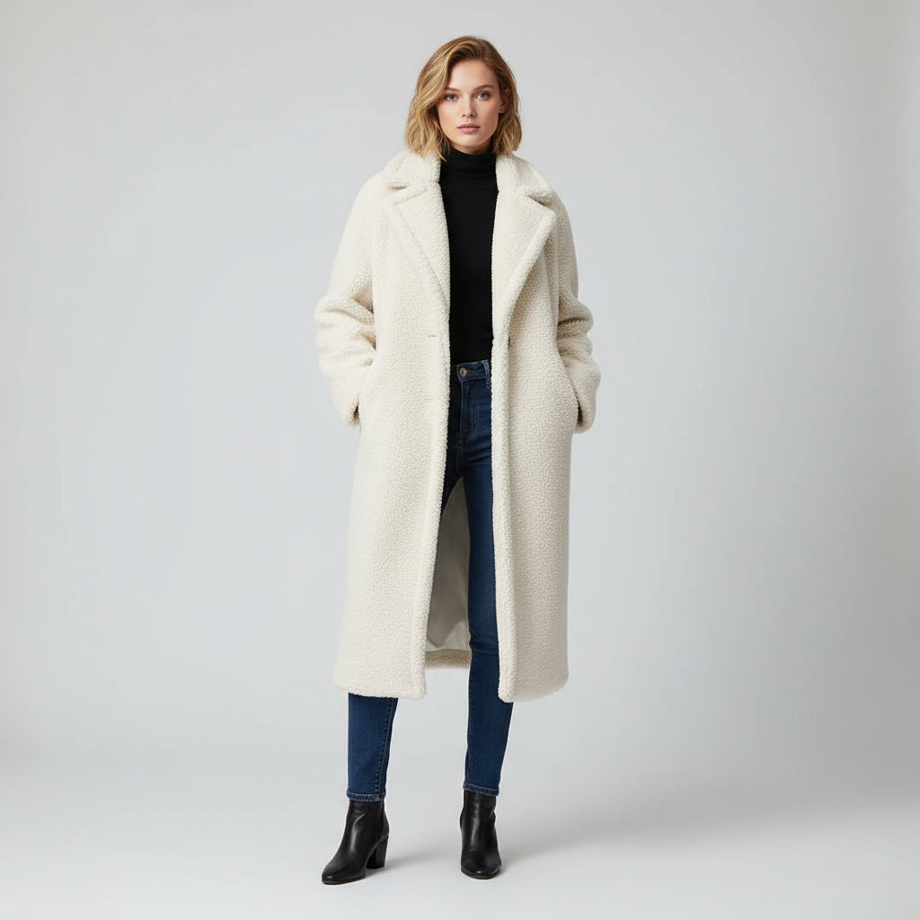Dames Winterjas Lange Teddy Stof Reverskraag Warm en Comfortabel