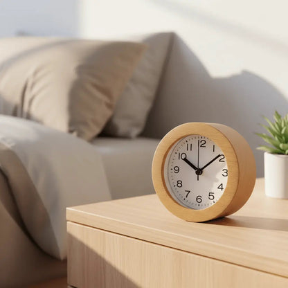 Stille Wekker van Beuken met LED-Nachtverlichting Analoog Quartz met Snooze-Functie