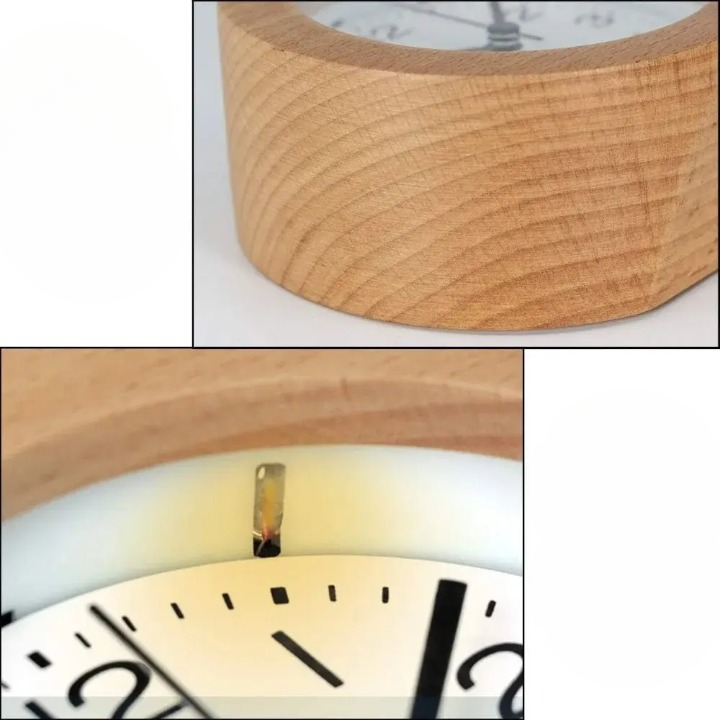 Stille Wekker van Beuken met LED-Nachtverlichting Analoog Quartz met Snooze-Functie