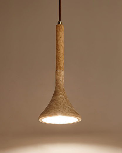 Travertijn Hanglamp met Walnoot Hout – Natuursteen Eetkamerlamp Warm Licht Scandinavisch Interieur