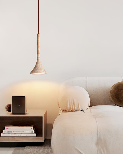 Travertijn Hanglamp met Walnoot Hout – Natuursteen Eetkamerlamp Warm Licht Scandinavisch Interieur