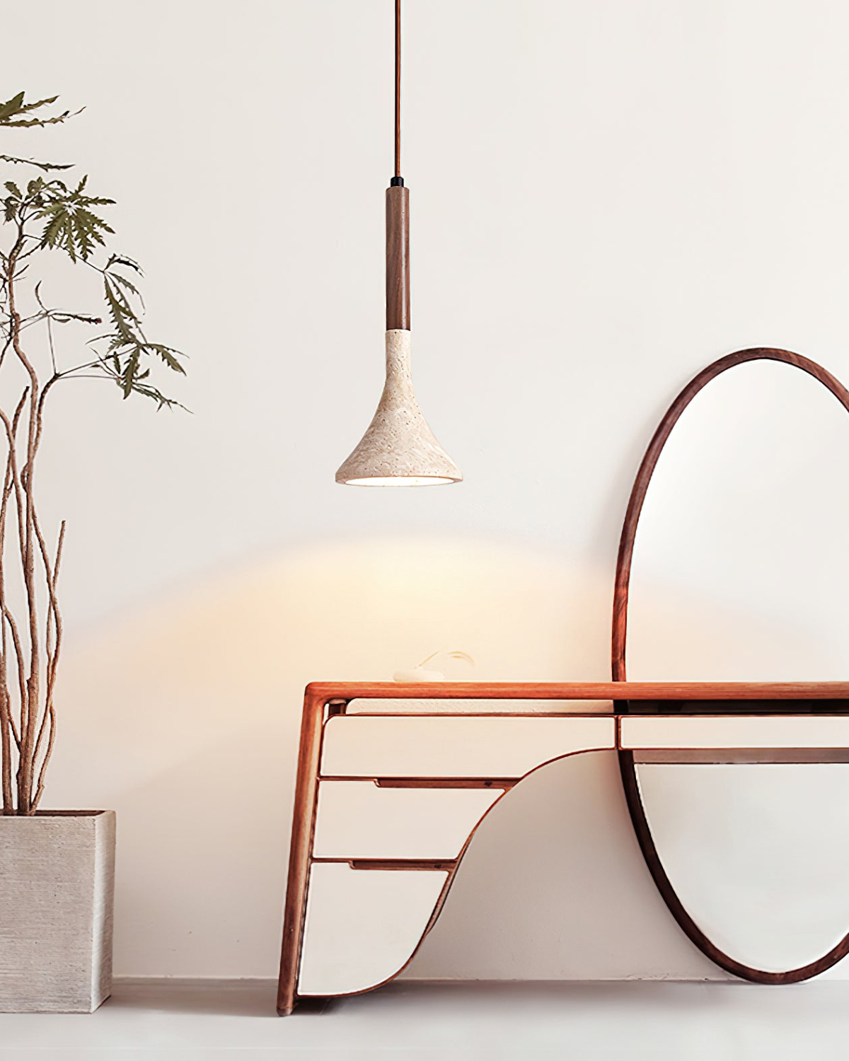 Travertijn Hanglamp met Walnoot Hout – Natuursteen Eetkamerlamp Warm Licht Scandinavisch Interieur