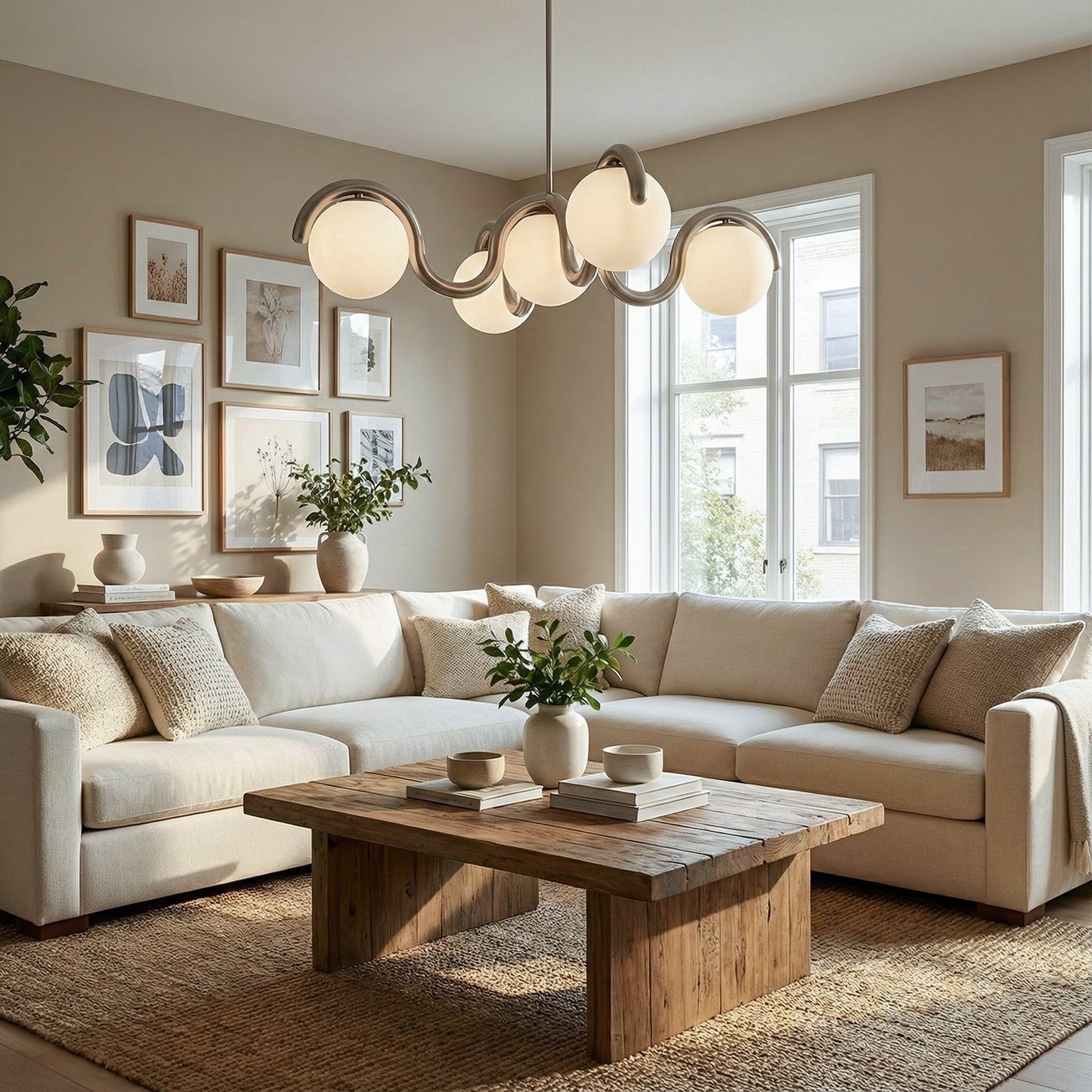 Moderne Kroonluchter met Messing en Glas – Artistieke Verlichting voor Eetkamer en Woonkamer