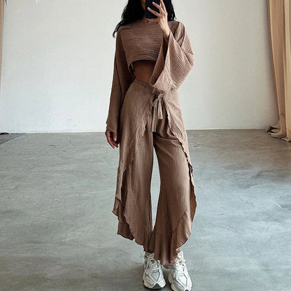 Vrouwelijke Lente Broek Set met Ruche Top en Wijdbeenbroek