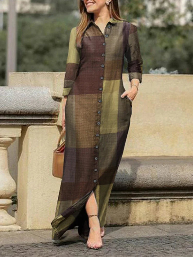 Zomerjurk Katoen Linnen Gedrukt Ruitpatroon Vrouwelijk