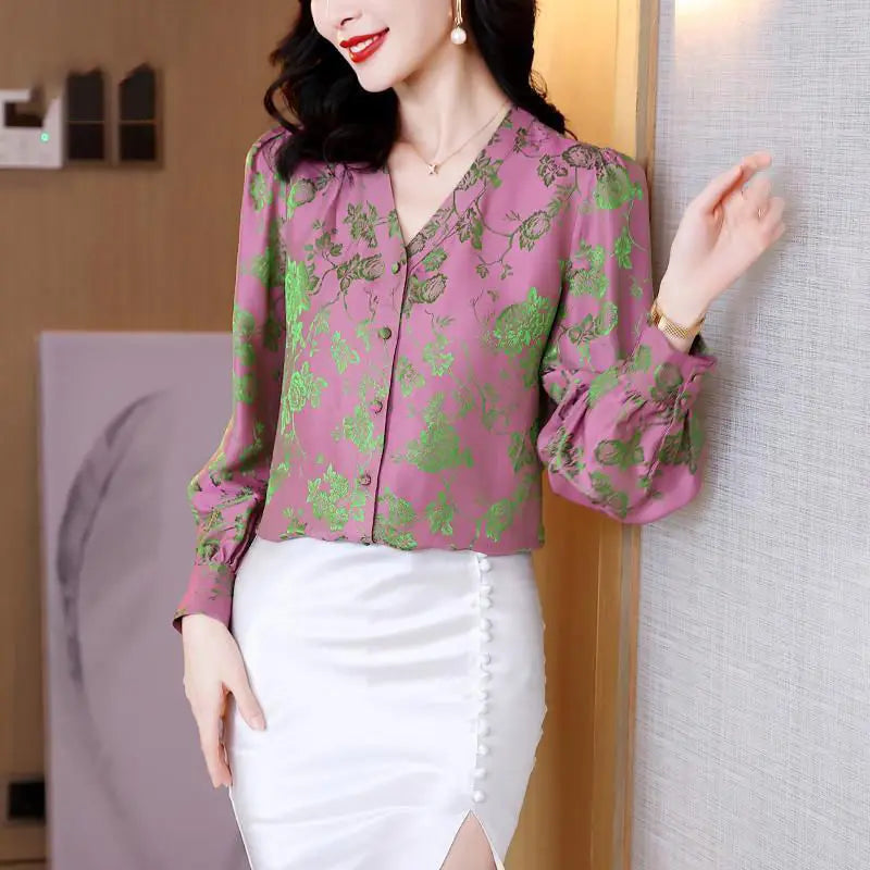 Vrouwelijke Blouse met V-hals Satijnen Bedrukking Lente Stijl