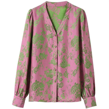 Vrouwelijke Blouse met V-hals Satijnen Bedrukking Lente Stijl