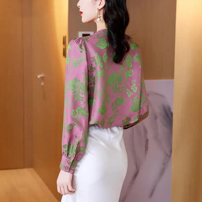 Vrouwelijke Blouse met V-hals Satijnen Bedrukking Lente Stijl