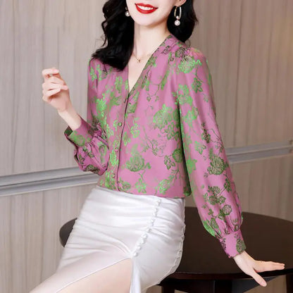 Vrouwelijke Blouse met V-hals Satijnen Bedrukking Lente Stijl