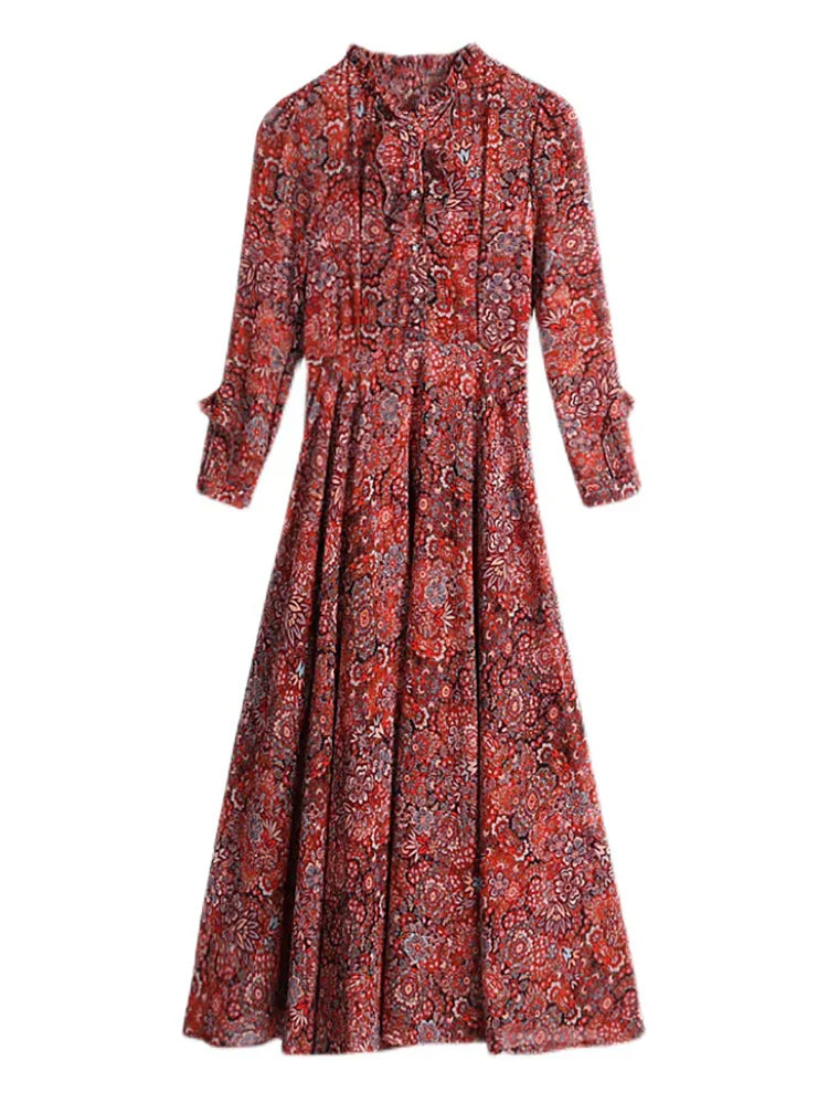 Rode Bloemen Midi Jurk met Lange Mouwen voor Vrouw