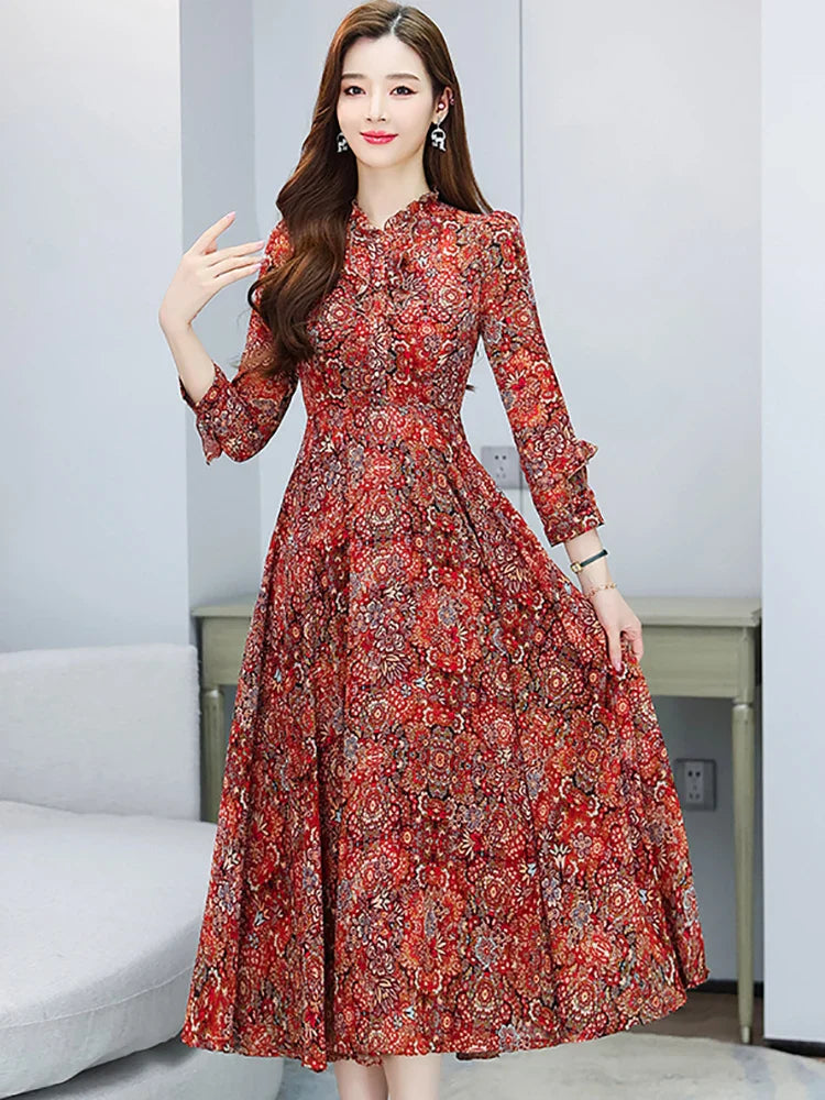 Rode Bloemen Midi Jurk met Lange Mouwen voor Vrouw