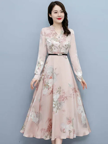 Elegante Lange Mouw Maxi Jurk van Satijn voor Dames - StudioMarella
