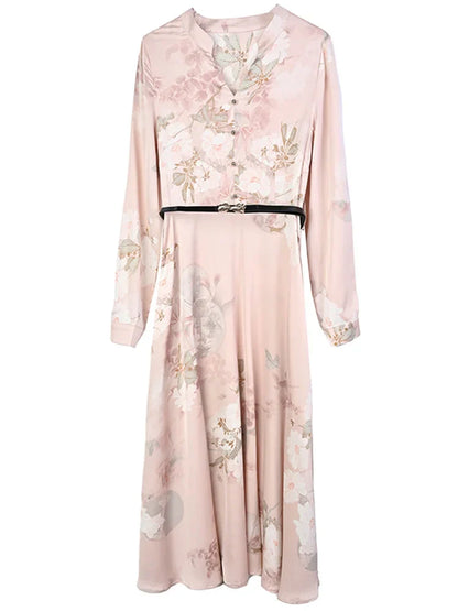Elegante Lange Mouw Maxi Jurk van Satijn voor Dames
