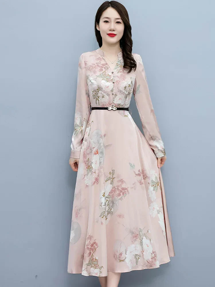 Elegante Lange Mouw Maxi Jurk van Satijn voor Dames