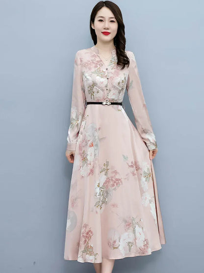 Elegante Lange Mouw Maxi Jurk van Satijn voor Dames