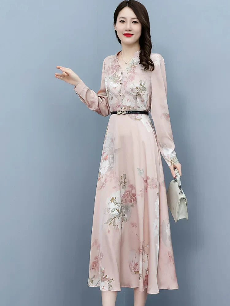 Elegante Lange Mouw Maxi Jurk van Satijn voor Dames