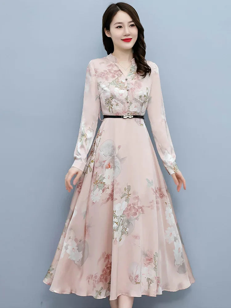 Elegante Lange Mouw Maxi Jurk van Satijn voor Dames